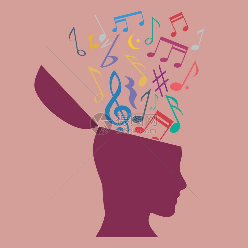 音乐治疗概念头部的乐笔平板设计图片