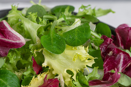 蔬菜沙拉海报沙拉混合叶背景新鲜沙拉模式配有鲁科拉紫生菜菠薯片和碗中的硬叶背景