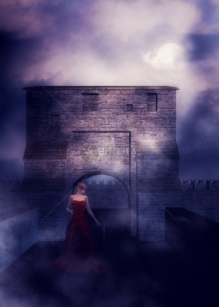 数字化的中世纪堡垒在雾和女人中3d插图图片