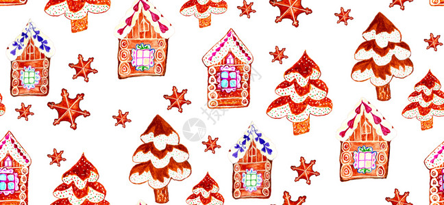 圣诞节无缝模式姜饼干屋和树水彩色图片
