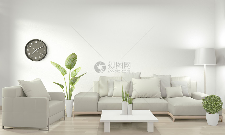 白色客厅有沙发和绿色植物图片
