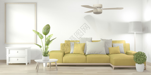 在客厅装上黄色沙发和木制装饰厂的画板图片