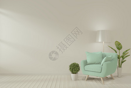 白色墙的客厅内装有灰色扶椅和饰厂3D背景图片