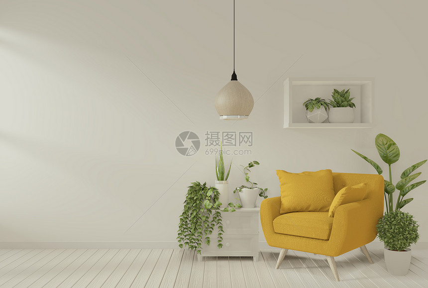 白色墙的客厅内装有灰色扶椅和饰厂3D图片