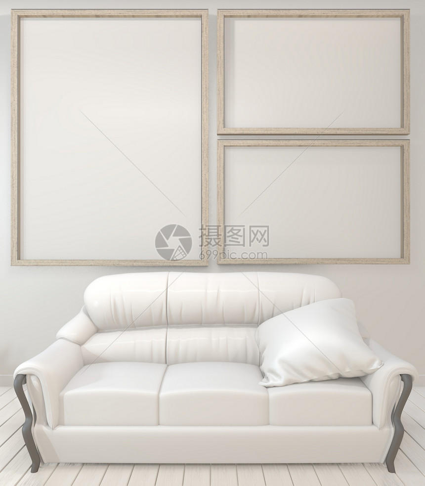 室内海报在客厅模拟木架沙发植物和灯具白色墙面设计最起码图片