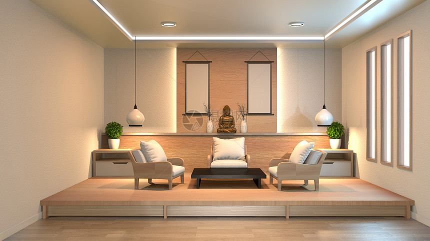 现代客厅用日本风格的木地板和白墙3d图片