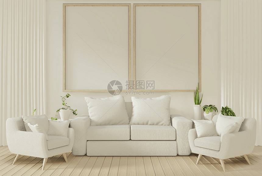 室内用白色墙壁在客厅用沙发和装饰厂画作海报图片