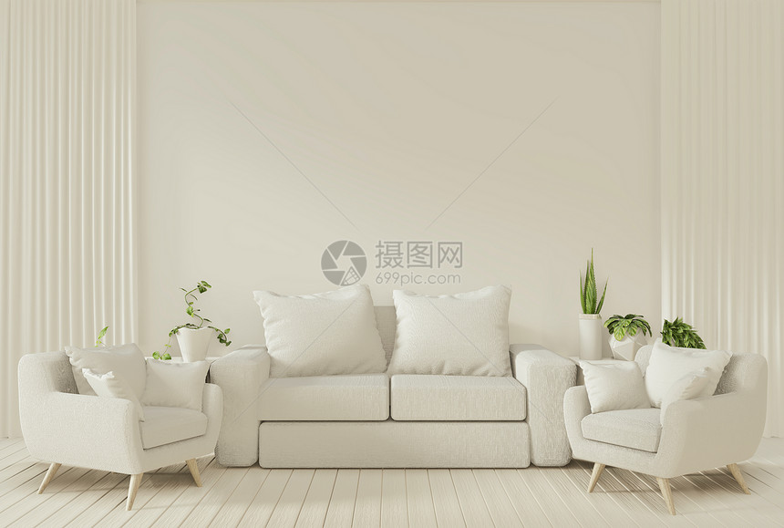 室内用白色墙壁在客厅用沙发和装饰厂画作海报图片