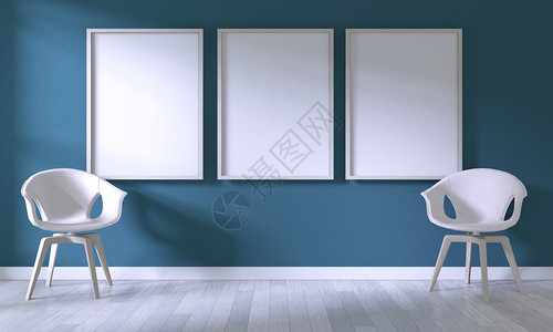 深蓝色海报白色木制地板上的深蓝色墙壁装着白椅子的假海报架背景