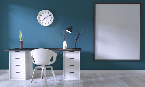 在深蓝色房间和白木地板上装饰白色舒适设计和装饰图片