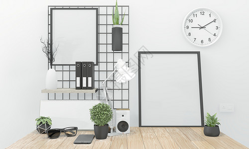 白色房间zen风格的木制舒适办公室和装饰3d图片