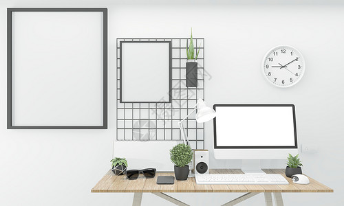 白色房间zen风格的木制舒适办公室和装饰3d图片