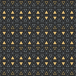 钻石黑无缝几何图案带有粗形三角和交织细线六边形图案金和黑矢量解插画