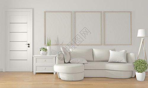 白色墙上的假海报框现代室内有白色沙发图片