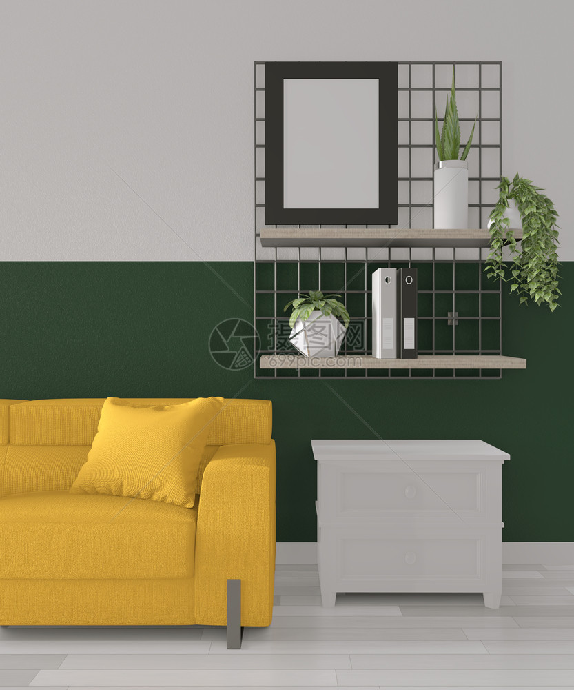 绿色房间几何墙壁画设计木制地板上全色彩3d图片