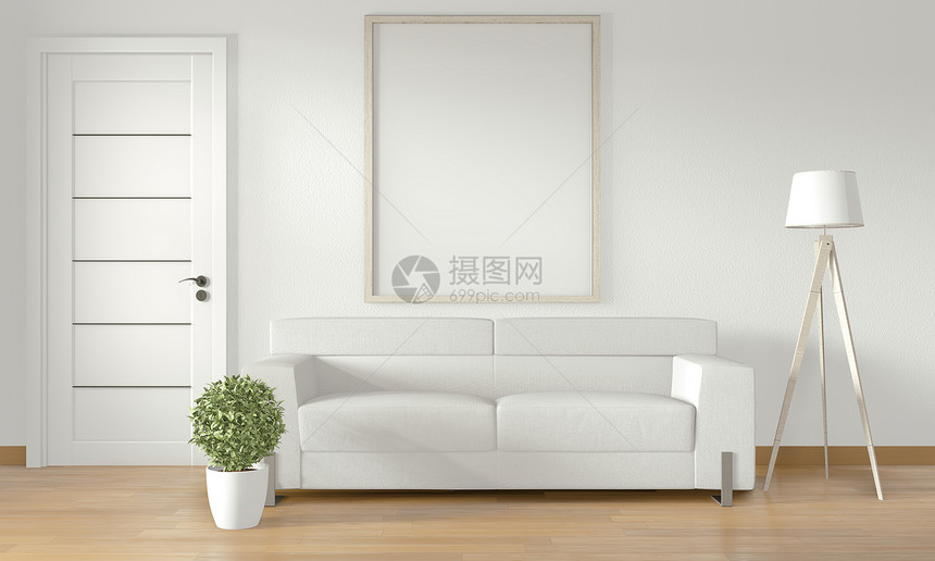 白色墙上的假海报框现代室内有白色沙发图片