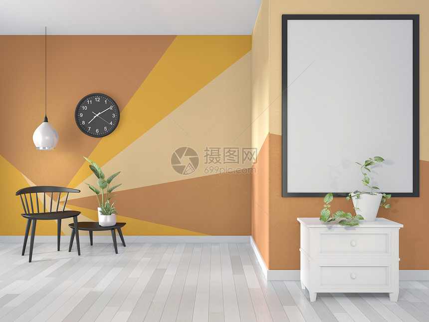 黄色和橙房间几何墙壁油漆设计在木制地板上全色3d图片