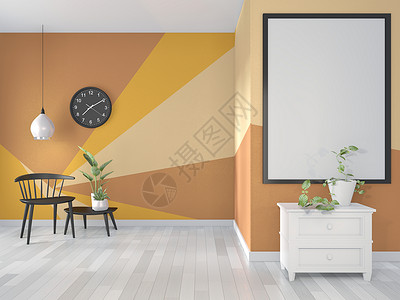 黄色和橙房间几何墙壁油漆设计在木制地板上全色3d背景图片