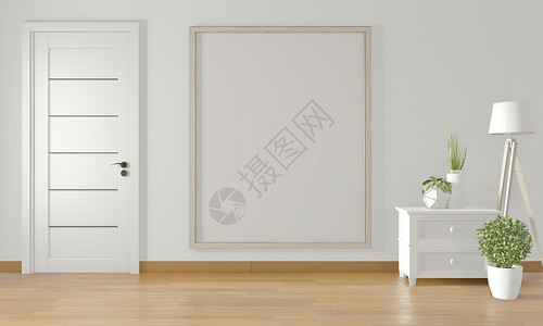 白色墙壁和门上的海报布板和白色门装饰的最小设计3d背景图片
