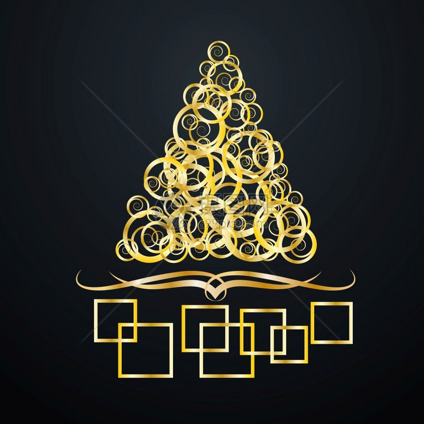 矢量抽象覆盖金色圣诞树卷在黑色背景上图片