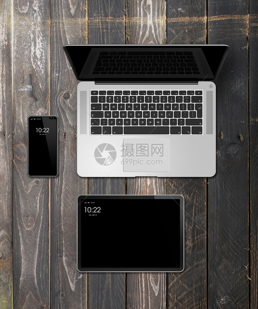 3d制成笔记本电脑平板和话装置的木制背景模型成木背景的笔记本电脑平板和话装置的模型制成木背景的3d图片