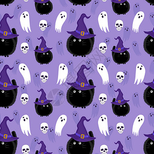 紫色背景猫万圣节背景矢量插图插画