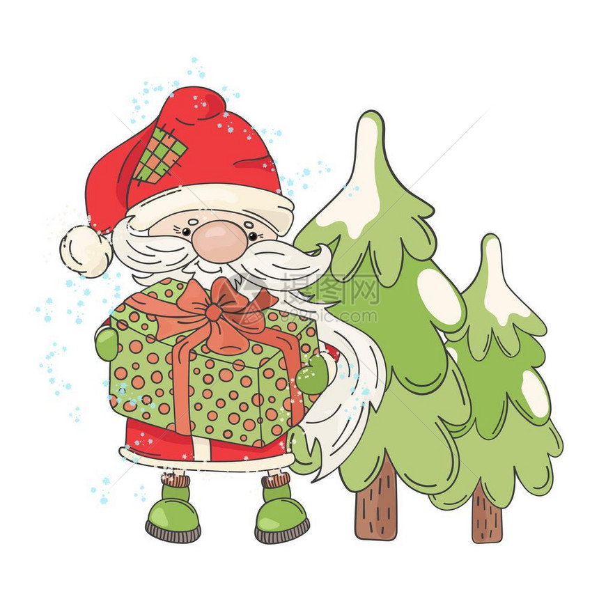 Sant树圣诞快乐节卡通矢量插图集图片