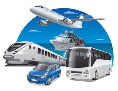 旅游游轮旅行汽车公共汽车游轮和飞机运输图插画