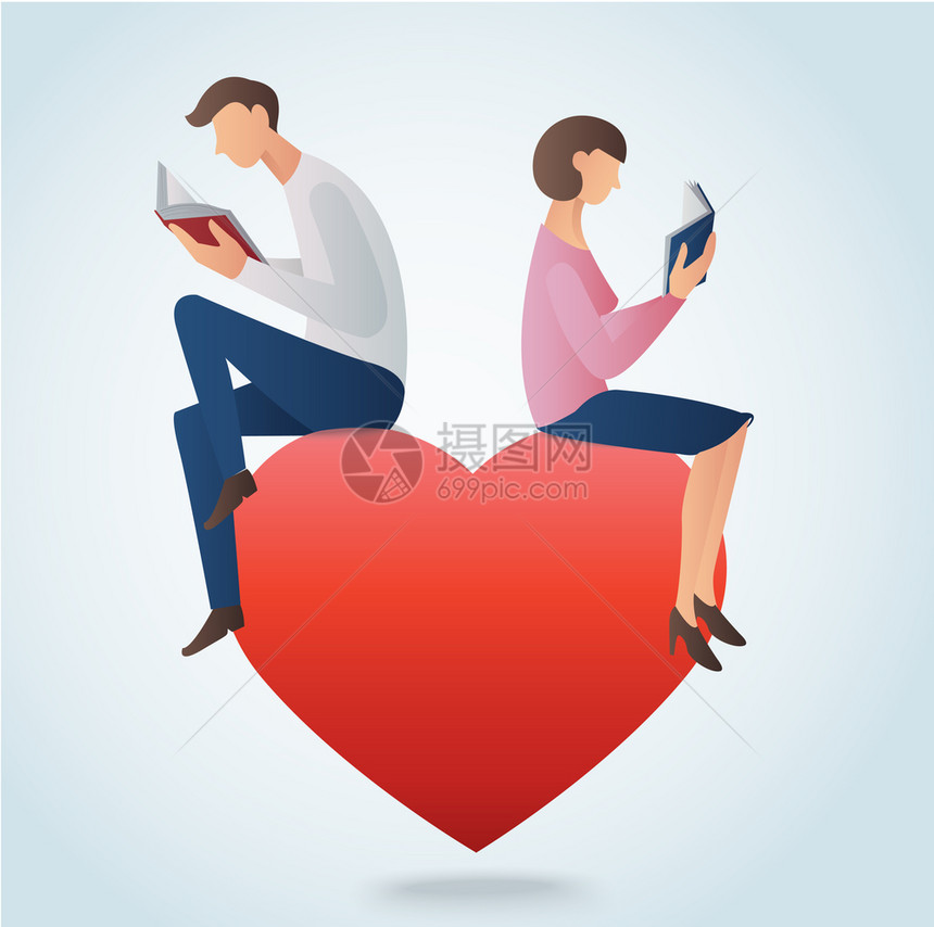 男人和女人坐在红心上看书图片