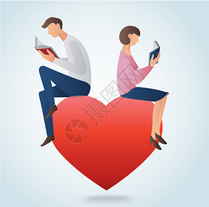 结婚书素材男人和女人坐在红心上看书插画
