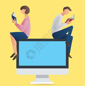 在计算机上看书的男生和女生矢量插图图片