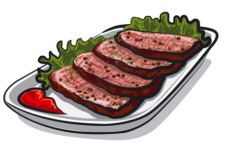牛排板配有番茄酱和生菜的切片烤牛肉插图插画