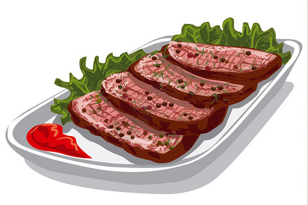 酱烧牛肉配番茄酱的切片烤牛肉配酱汁的烤牛肉插画