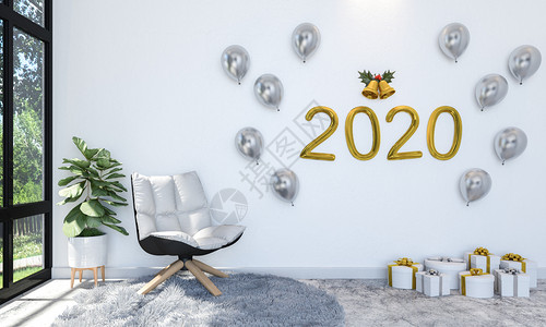 为庆祝20年新在墙上和礼品盒装满金银气球的客厅室内装饰图片