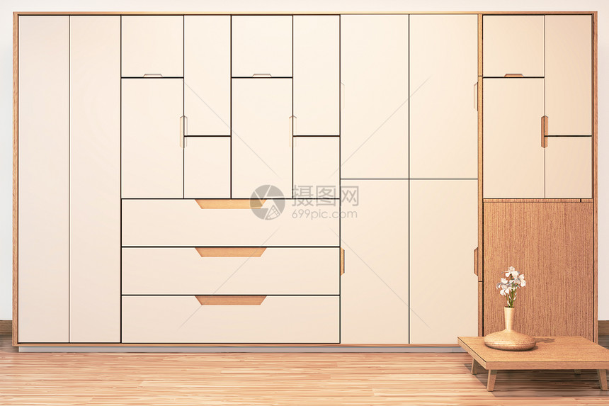 现代墙壁衣柜木制日本式的和沙发手椅木制在空房内最小部3d图片