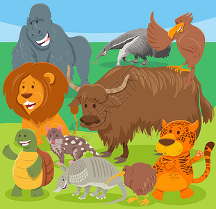滑稽野生动物漫画角色组的插图图片