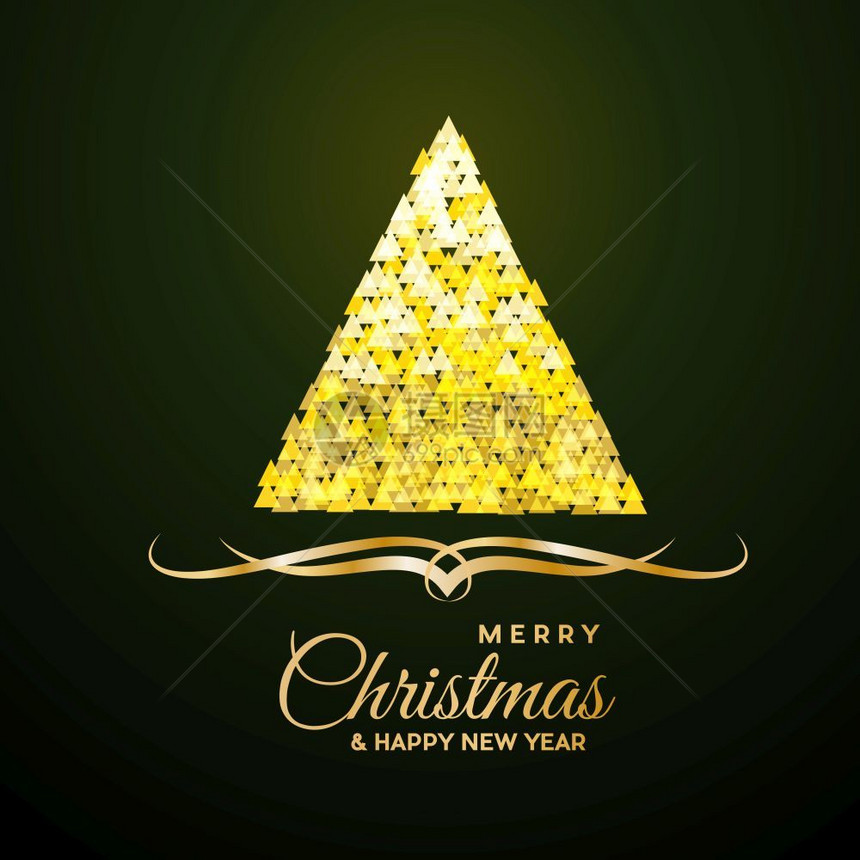 矢量抽象覆盖金色圣诞树文本在绿色背景上图片