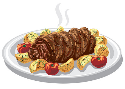 猪肉卷土豆油炸烤肉面包插画