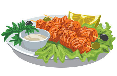 烤海鲜烤鲑鱼肉串加酱汁插画
