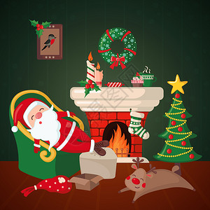 困乏的睡在壁炉旁的圣诞老人设计图片