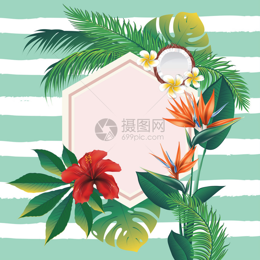 热带叶子和花朵设计背景图片
