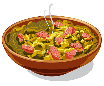 酸菜锅底传统大盘菜炖卷和香肠插画
