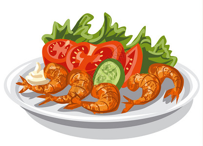 奶油生菜煮虾和盘上蔬菜沙拉的加虾和沙拉的菜虾和沙拉的菜虾插图插画