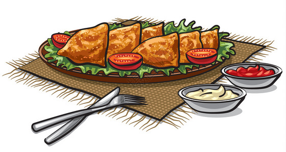 萨莫萨斯传统印度食品马萨配酱汁的插图插画