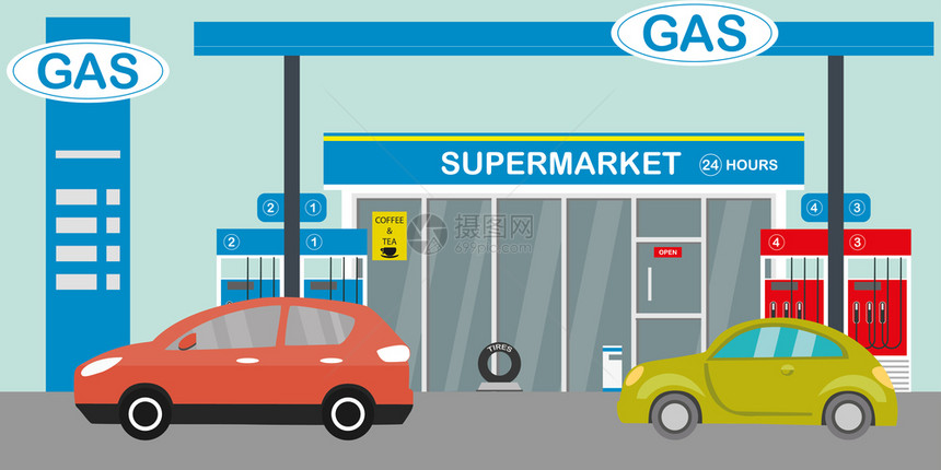 煤气站超市和汽车平板矢量说明图片