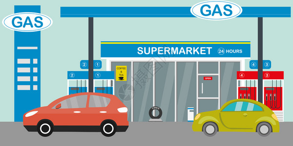 煤气站超市和汽车平板矢量说明插画