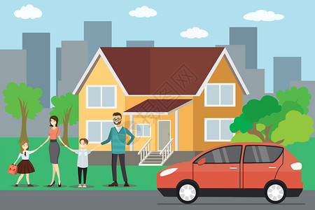 男人和他汽车大房子和红色汽车causin家庭矢量图插画