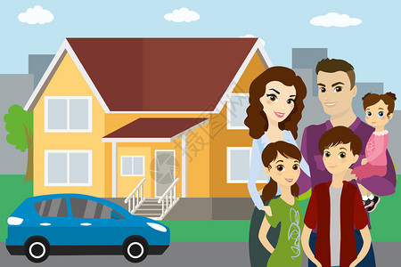 幸福的家庭和汽车背景矢量插图图片