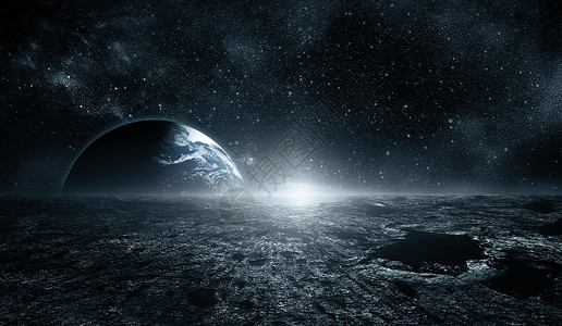 地平线上的月亮表面和地球空间艺术幻想蓝色颜由Nas提供的图像元素背景