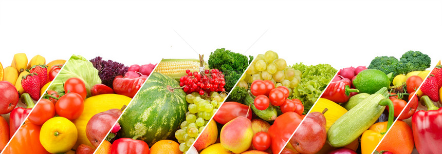 在白色背景上隔绝的新鲜水果和蔬菜拼贴宽幅照片免费文本空间图片